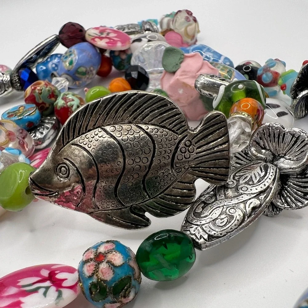 Geisha‎ Multi Strand Beaded Necklace Porcelain Lampwork Fish Nesting Doll Floral